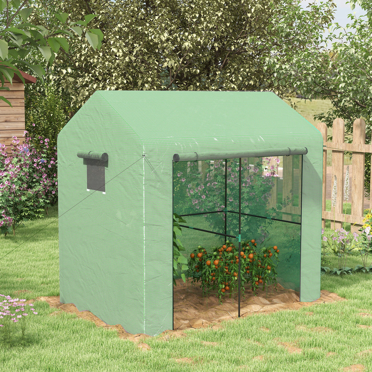 Serre de jardin 2,8m² avec 1 grande porte enroulable et 2 fenêtres, dim. 200L x 140l x 200H cm, vert-1