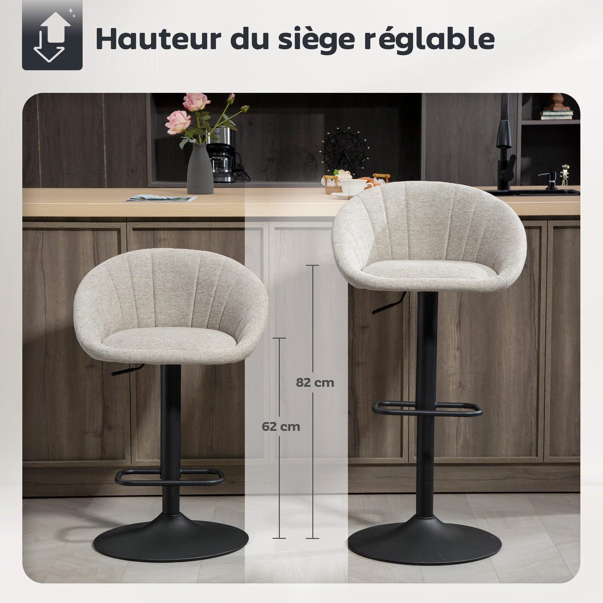 Lot de 2 tabourets de bar, chaises de bar hauteur réglable avec dossier et accoudoirs, repose-pieds, beige-3