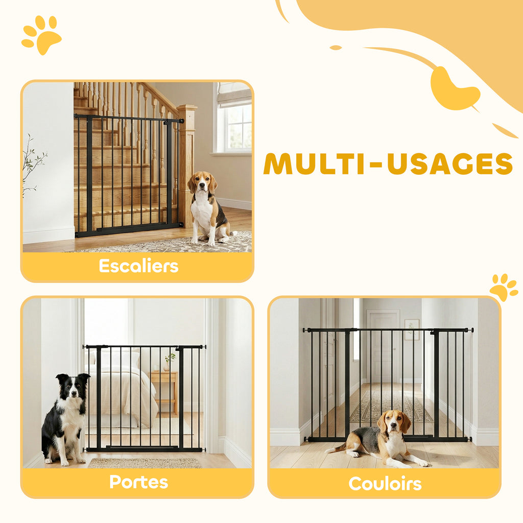 Barrière de Sécurité Chien Réglable 76-107 cm, avec 2 Rallonges (10/15 cm), Ouverture d'une Main, sans Perçage, Noir-4