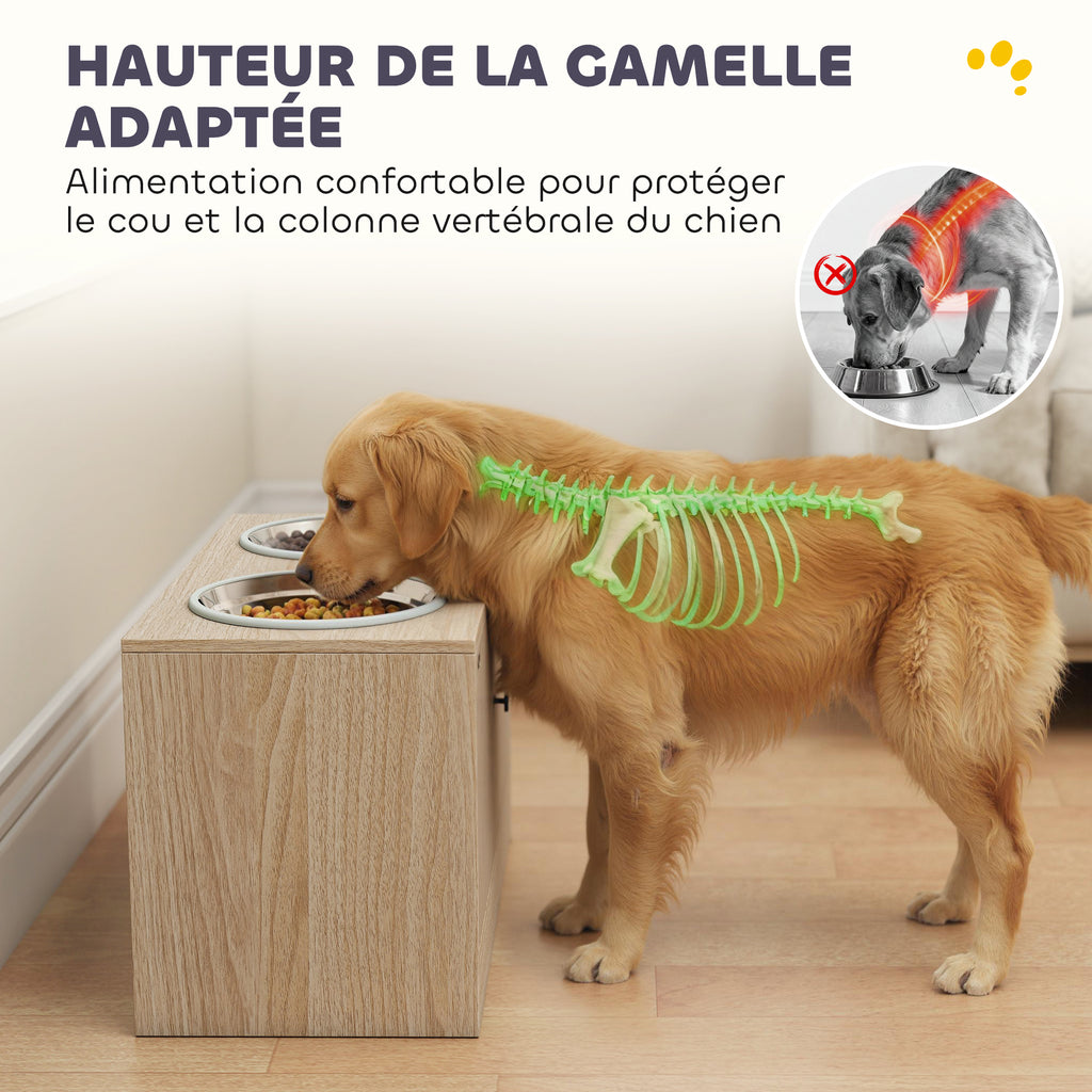 Gamelles pour chiens surélevées porte-gamelles avec rangement de 40L, 2 bols en acier inoxydable 60 x 30 x 35,5 cm chêne-3