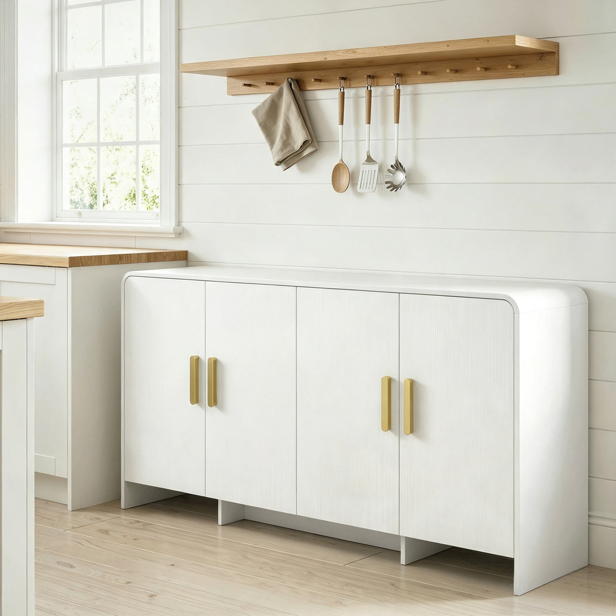 Buffet cuisine, meuble de rangement avec 4 portes à fermeture douce, 4 compartiments et bords arrondis, 152x40x80cm, blanc-1