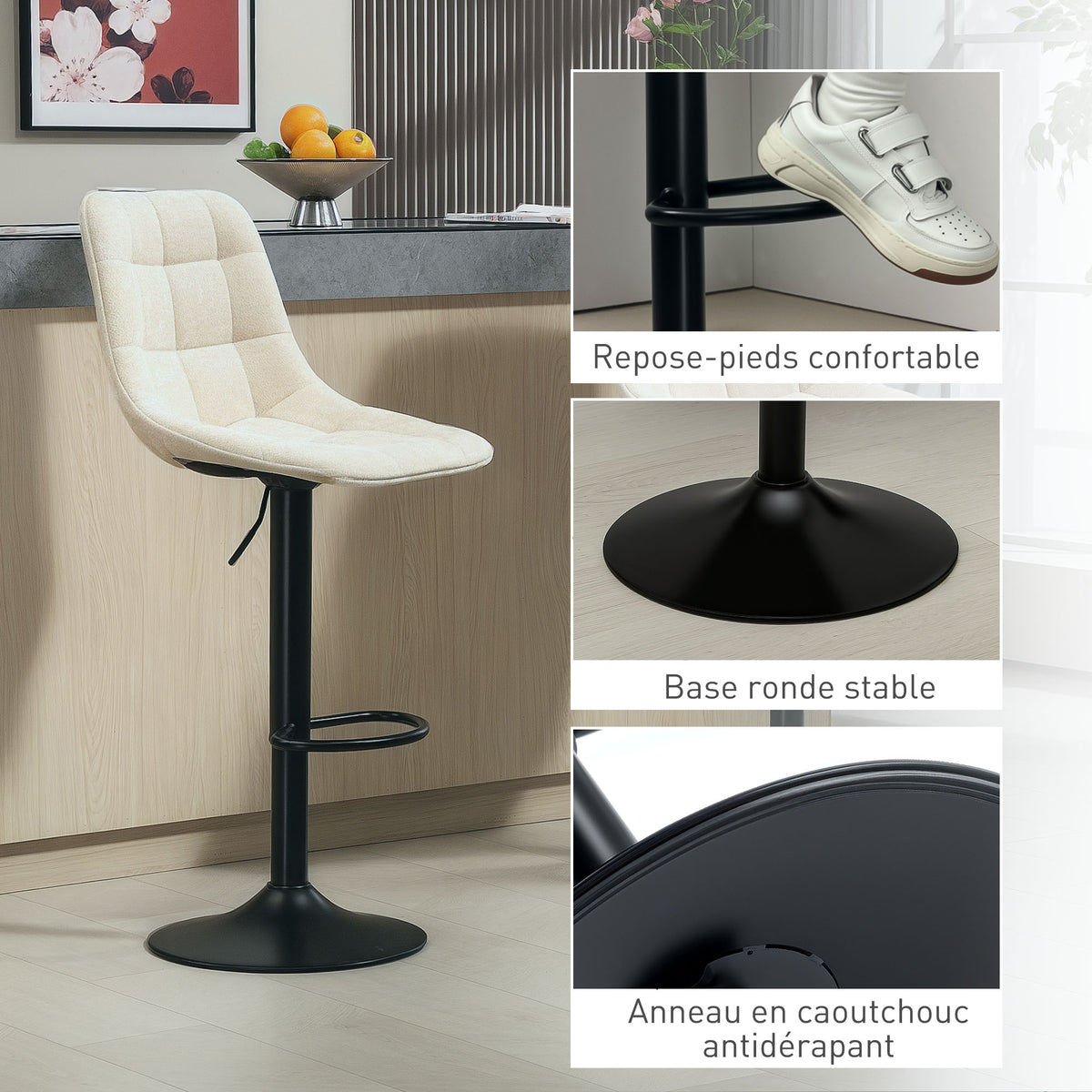 Lot de 2 tabourets de bar, chaises de bar en chenille hauteur réglable avec dossier pivotant 360° 47x48x117,5cm beige-7