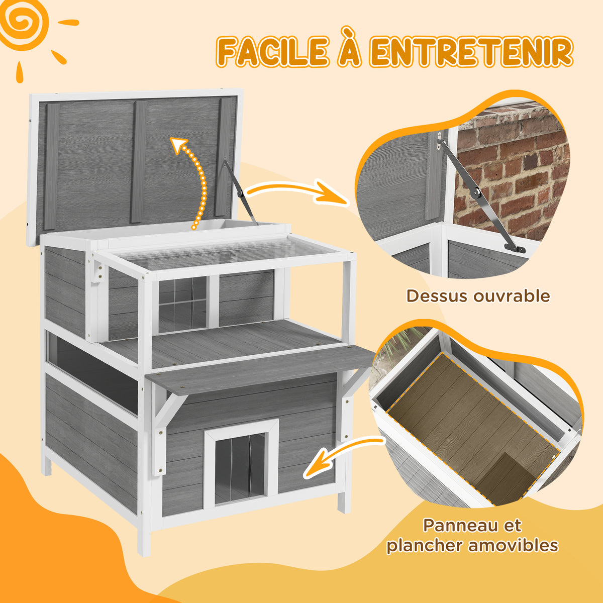Maison pour chats 2 niveaux avec balcon abrité, toit ouvrable, extérieur, intérieur, gris clair-5