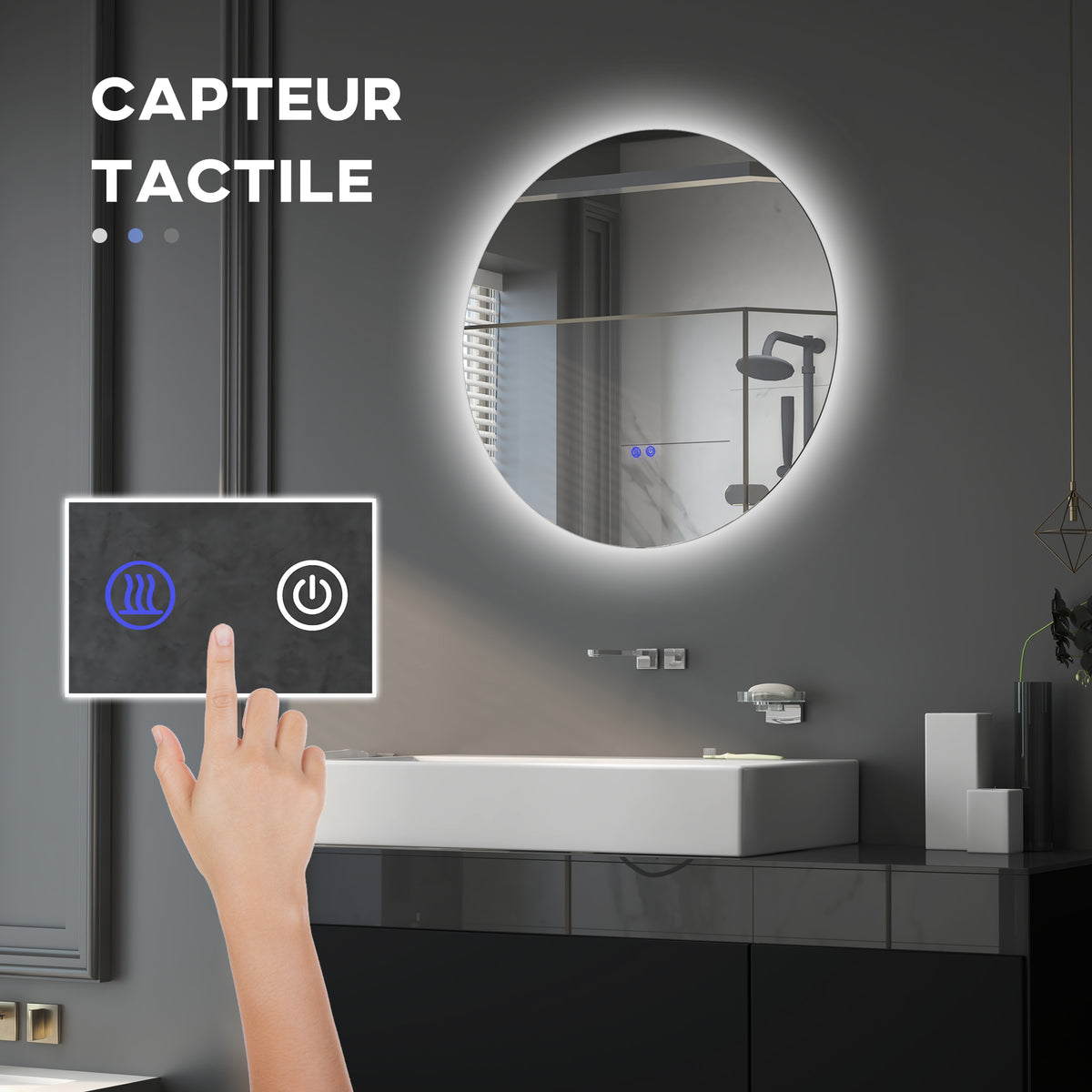 Miroir rond lumineux LED de salle de bain Ø 60 cm mural avec éclairage interrupteur tactile système antibuée  29 W gris-3