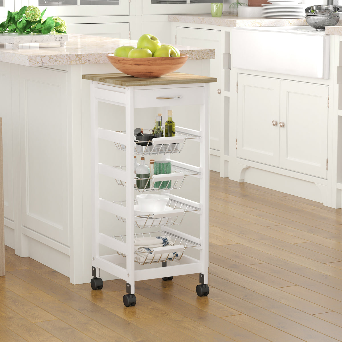 Chariot de service desserte à roulettes multi-rangements 4 paniers métal + tiroir bois de pin 37 x 37 x 82 cm blanc-1