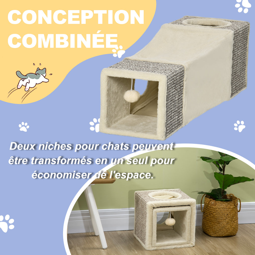 Tunnel pour chat intérieur jouets pour chats avec balle suspendue entrées multiples en sisal 98 x 30 x 30 cm crème-3