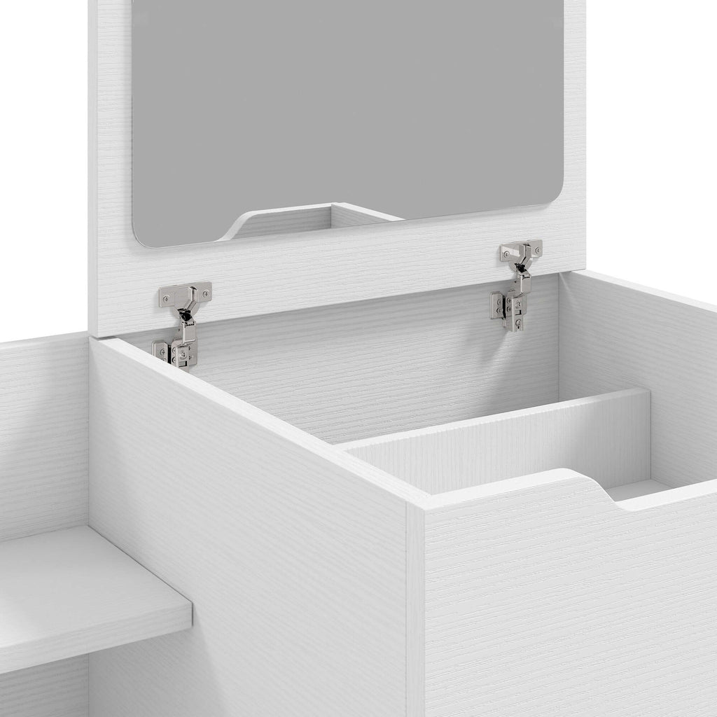 Coiffeuse avec Miroir Rabattable, Tabouret à Roulettes, Siège Rembourré, Tiroir, Étagère, Compartiment, Blanc-9