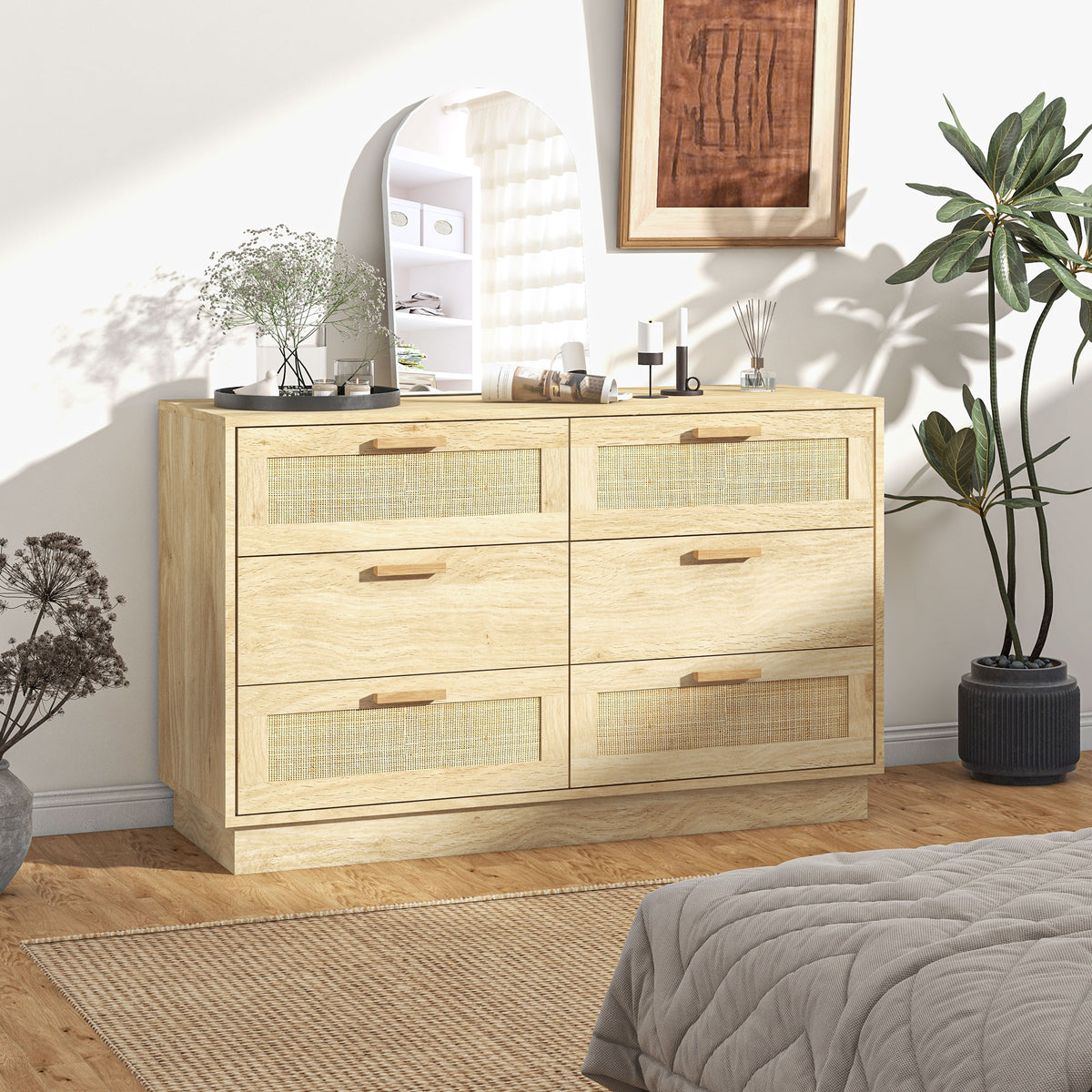 Commode design bohème en rotin avec 6 tiroirs, meuble de rangement pour le salon, le couloir, l'entrée, chêne-1