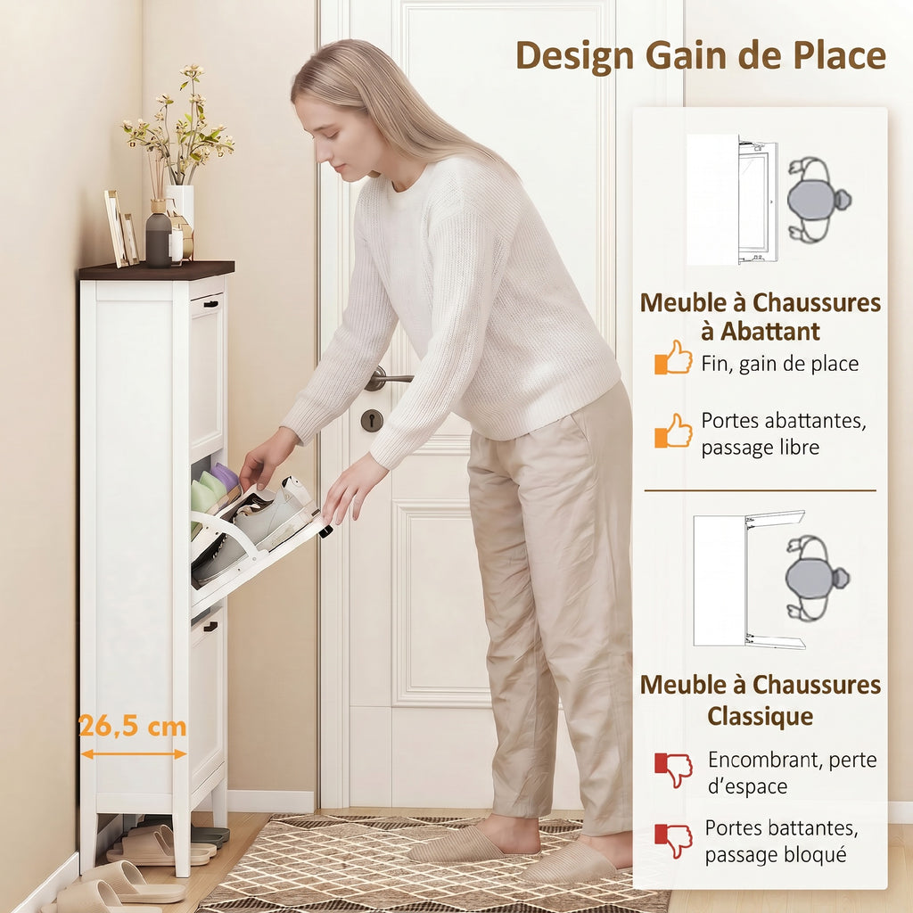 Meuble à chaussures 18 paires, armoire à chaussures étroite avec 3 tiroirs rabattables et étagères réglables, blanc-3
