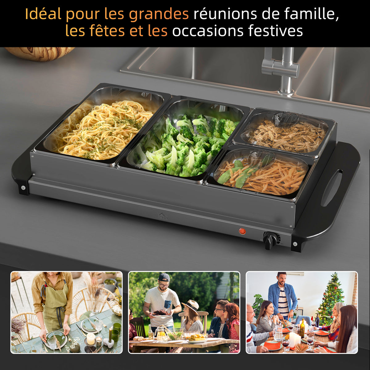 Chauffe-plats électrique acier inoxydable 300 W capacité 2 x 2,4 L et 2 x 1 L plaque chauffante et températur réglable-3