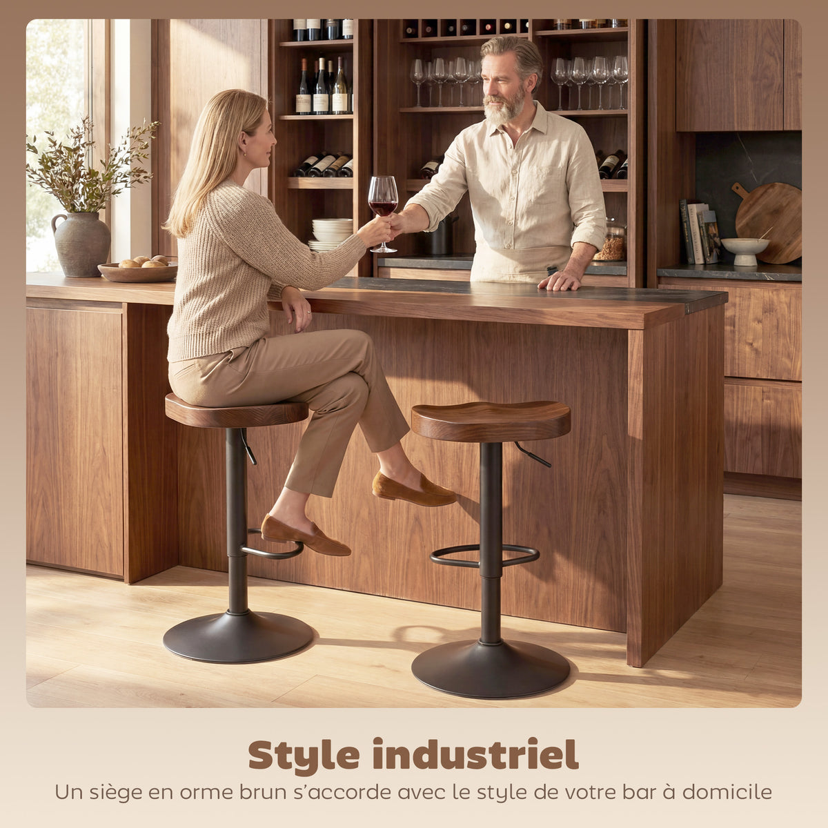 Tabourets de Bar Lot de 2 Réglables Pivotants Chaises de Cuisine avec Siège en Bois d'Orme Marron Foncé-5