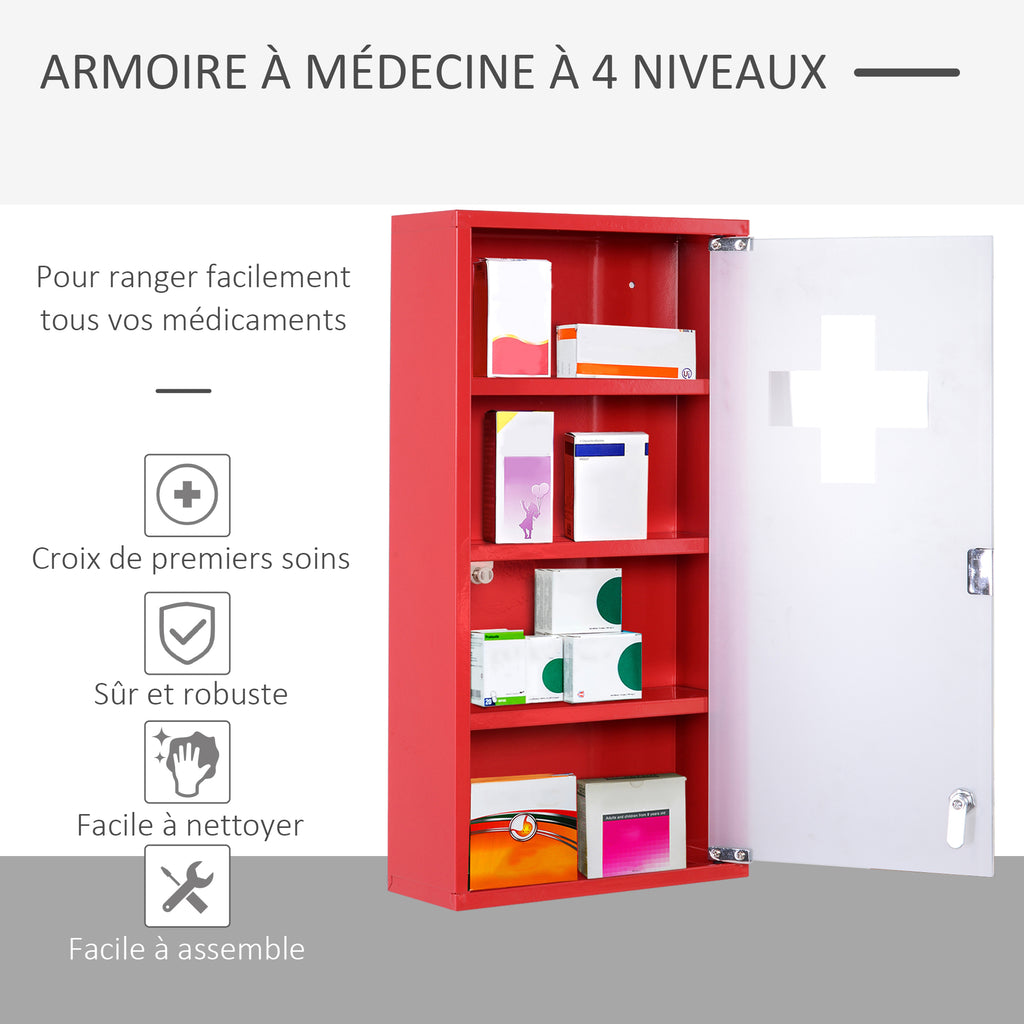 Armoire à Pharmacie 3 étagères 4 Niveaux verrouillable Porte Verre trempé dépoli Logo Croix 30L x 12l x 60H cm Acier Rouge-5