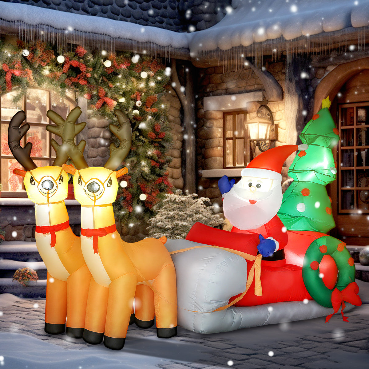 Père Noël gonflable de 2,1 m sur traîneau avec deux rennes, décoration de Noël gonflable avec lumières LED intégrées-1