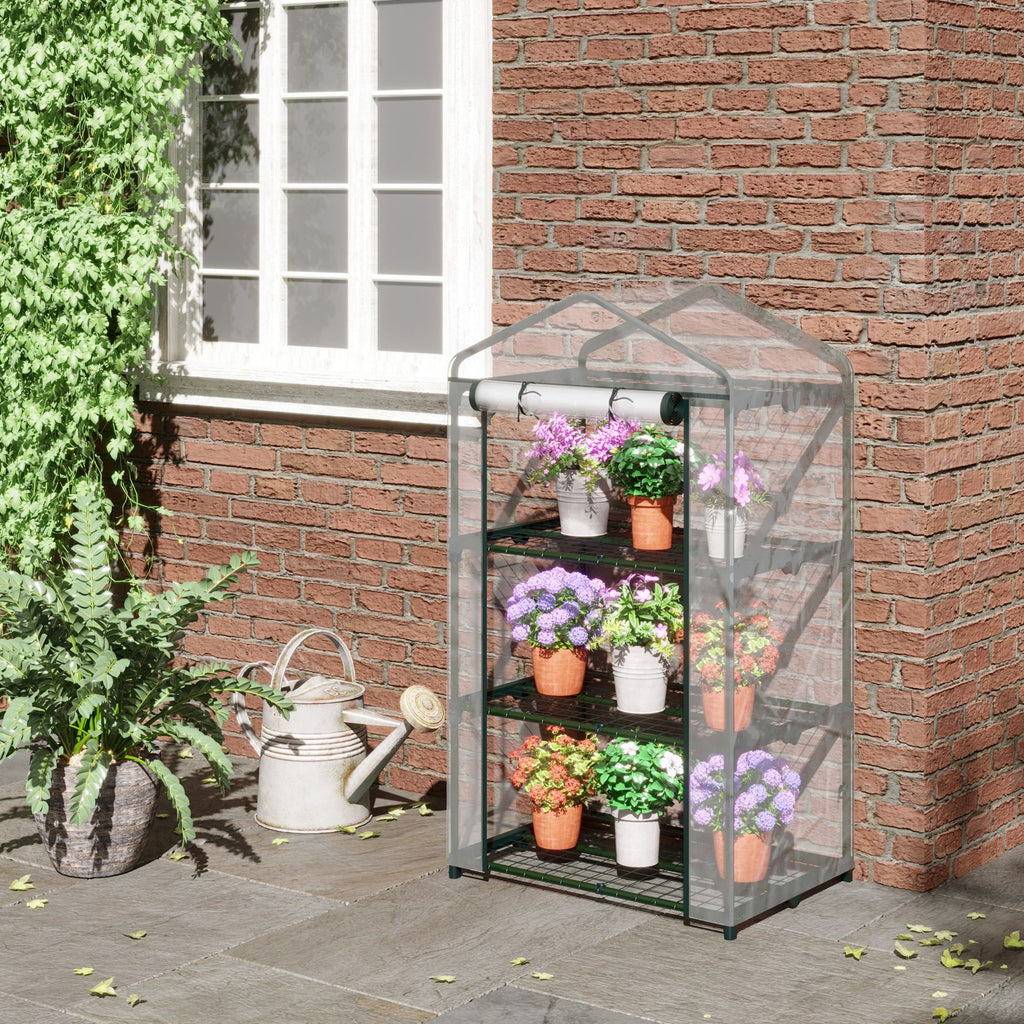 Serre de jardin avec étagères 3 niveaux, serre de balcon, bâche renforcée PVC, châssis en acier, porte zippée enroulable, pour légumes plantes fleurs, 69 x 49 x 125 cm, transparent-9