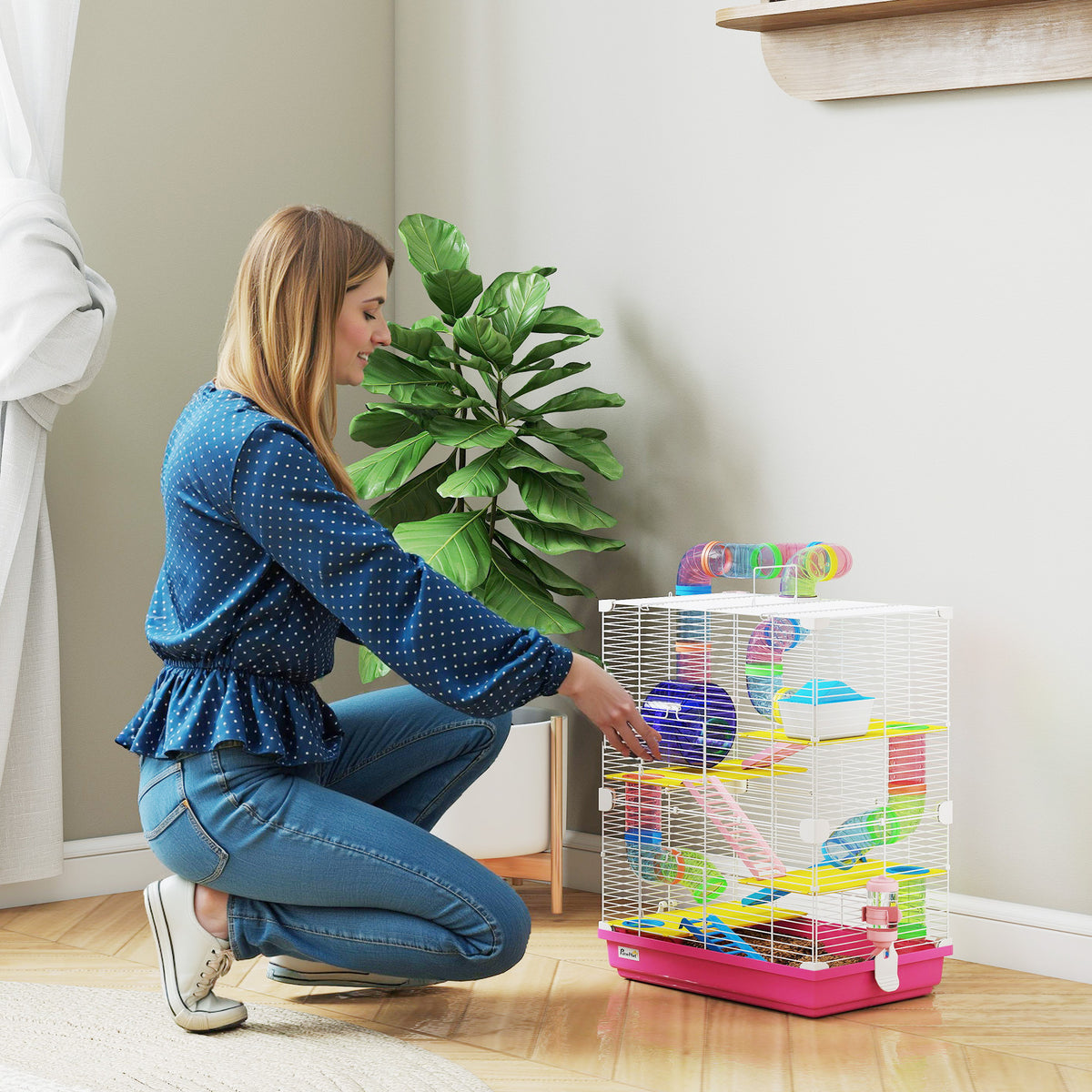 Cage pour Hamster Rongeur 5 Étages avec Tunnels, Mangeoire, Roue, Maison, Échelles, 46 x 30 x 58 cm, Rose-8