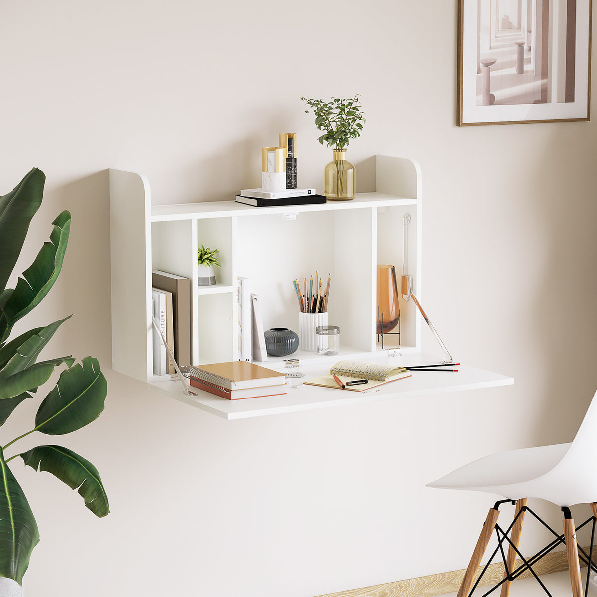 Bureau suspendu table murale table d'ordinateur murale et tablette rabattable avec rangements - 77 x 20 x 51 cm-8