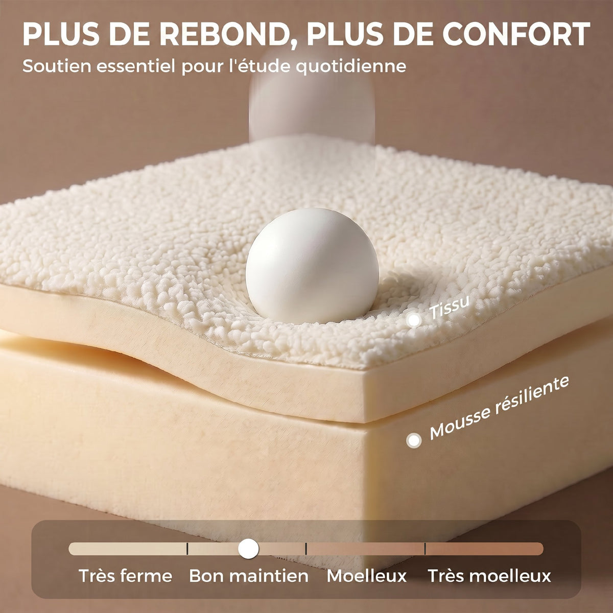 Chaise de Bureau Ergonomique, Fauteuil de Bureau Inclinable en Tissu Bouclette Sans Accoudoirs, Hauteur Réglable, Crème-3