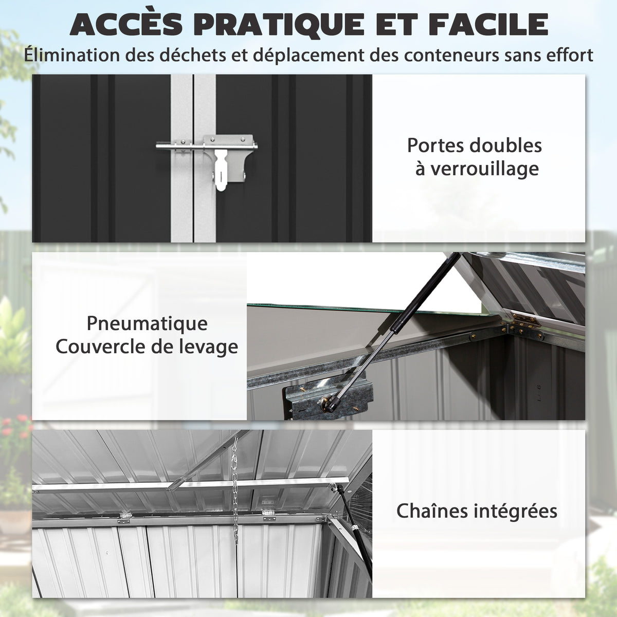 Cache Poubelle Double Abri de Jardin 2 Poubelles de 240L Couvercle Lié par Chaînes Vérins à Gaz 179,5x108x129,5cm Gris-4
