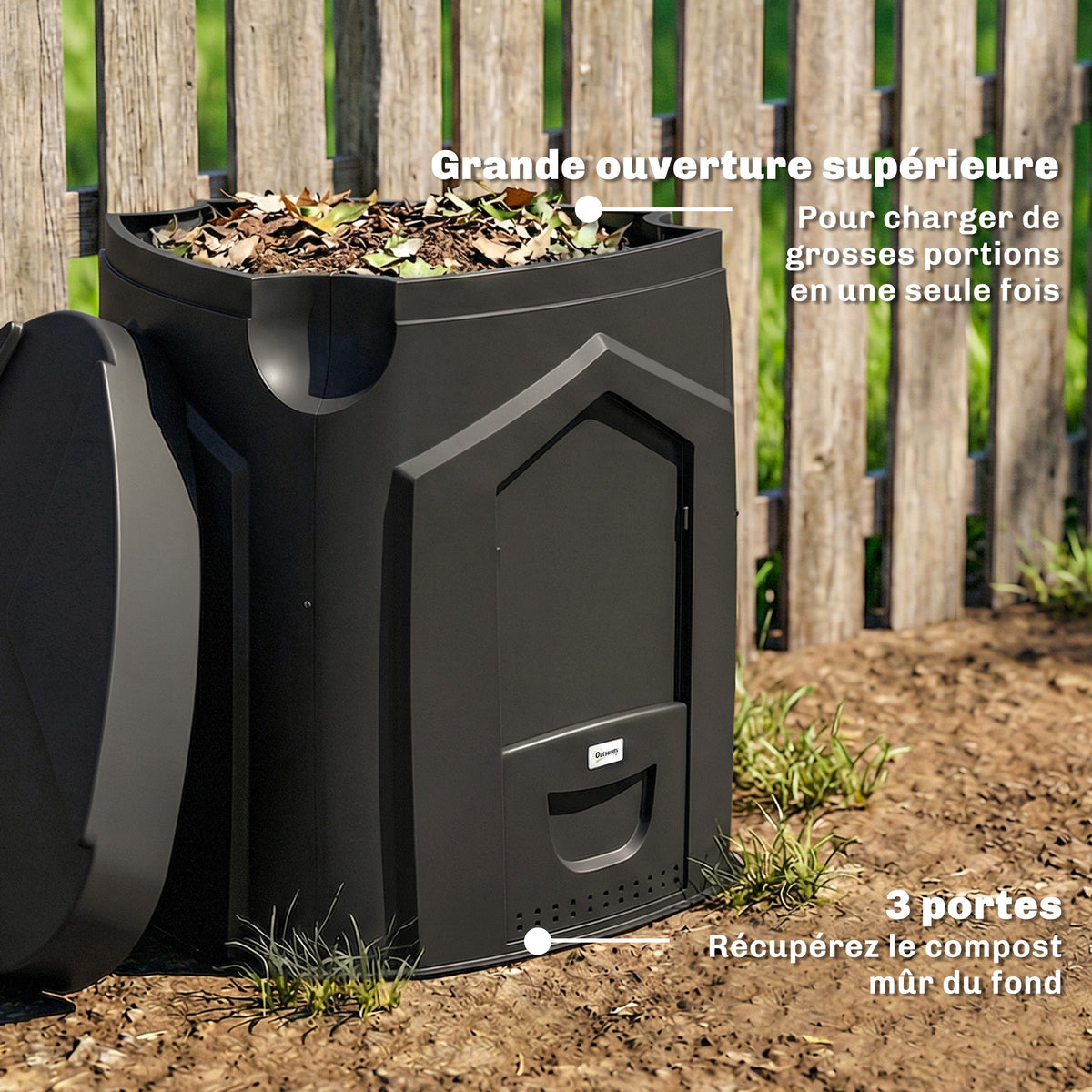 Composteur de jardin, 240L, bac à compost extérieur, en polypropylène, 3 Portes, 66 Aérations, 78 x 75 x 78 cm, Noir-6