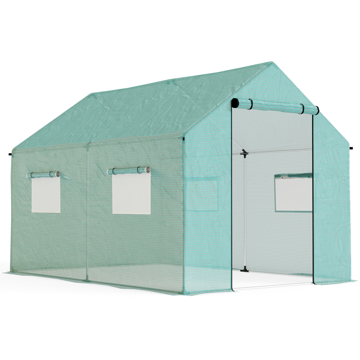 Serre de jardin tunnel 2 x 3m, 6m² avec porte enroulable, 4 fenêtres, - Acier galvanisé PE Haute densité Vert-0