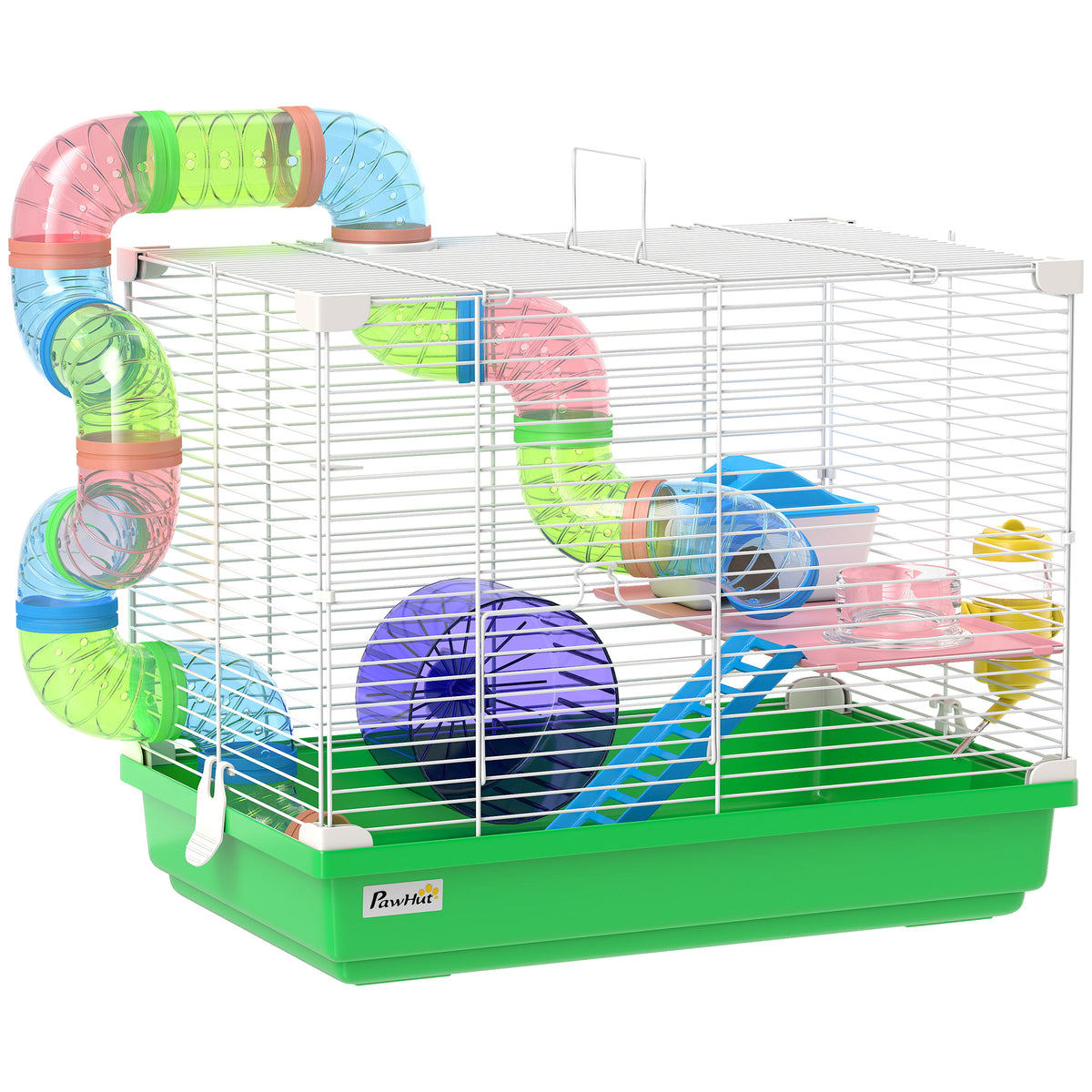 Cage à hamster rongeur 2 niveaux avec tunnel, biberon eau, roue, maisonnette, échelles 46 x 30 x 37 cm vert-0