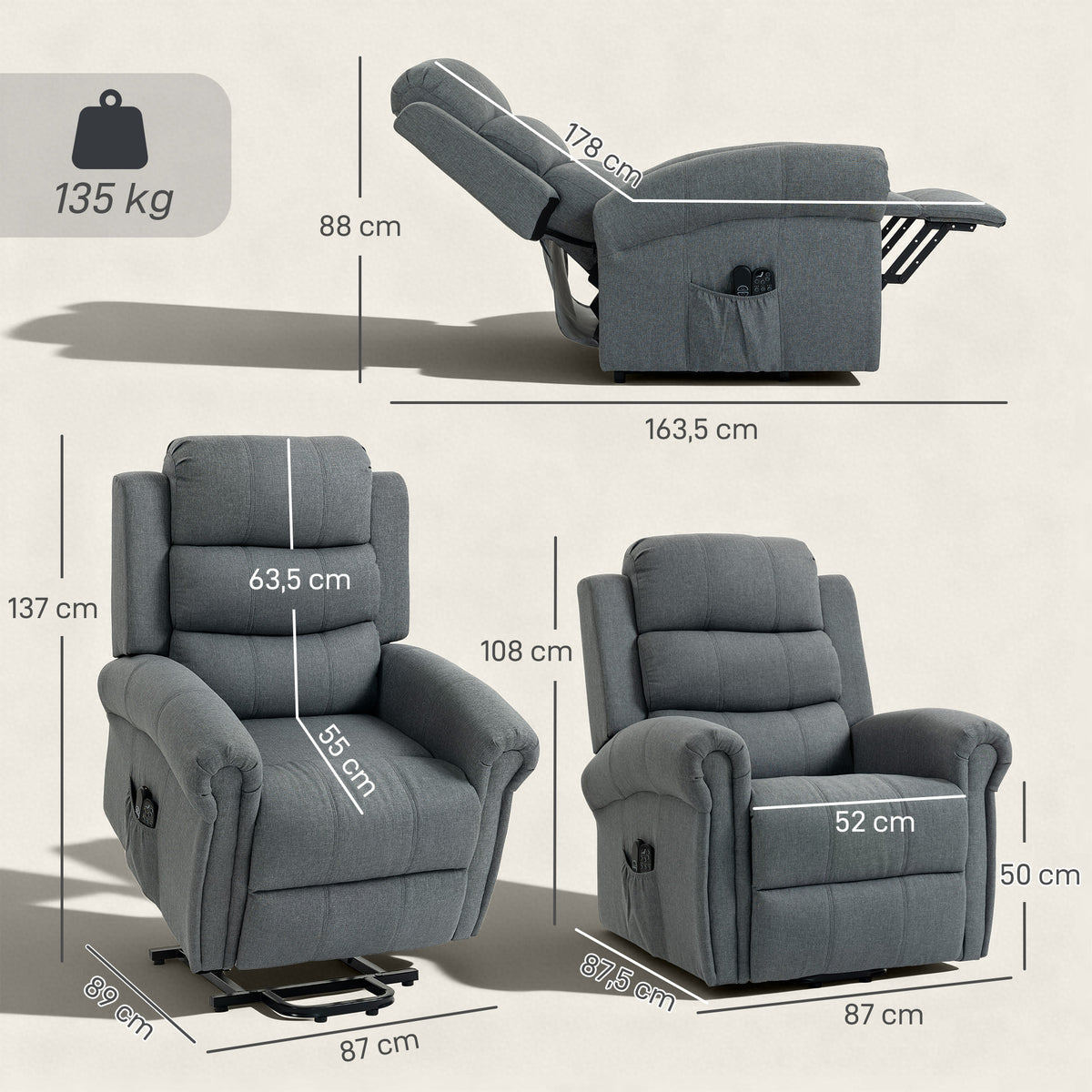 Fauteuil releveur électrique, fauteuil relax électrique avec fonction massage et chauffage, 87 x 87,5 x 108 cm, gris-2