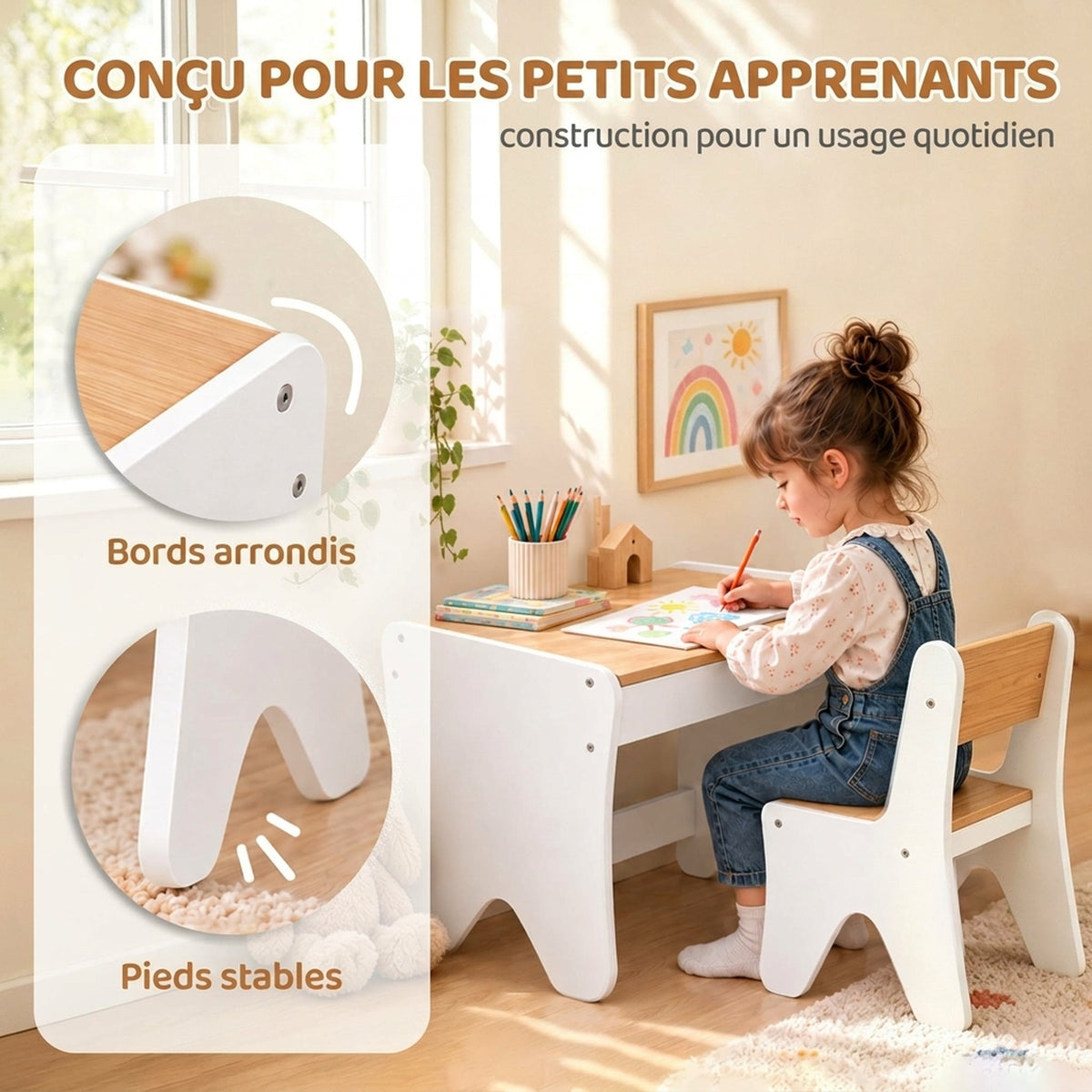 Bureau et Chaise pour Enfant 2 Pièces, Ensemble Table d'Activité avec Tiroir, 3 à 8 Ans, Blanc et Bois Naturel-3