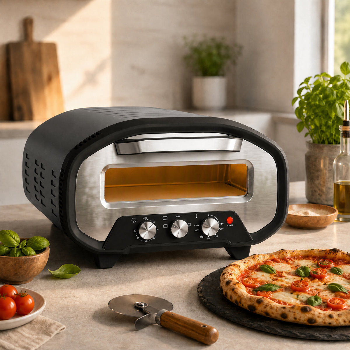Four à Pizza Électrique d'Intérieur 2200 W jusqu'à 430°C, Pierre en Céramique Ø30,5 cm, Minuteur 60 min, Noir-1