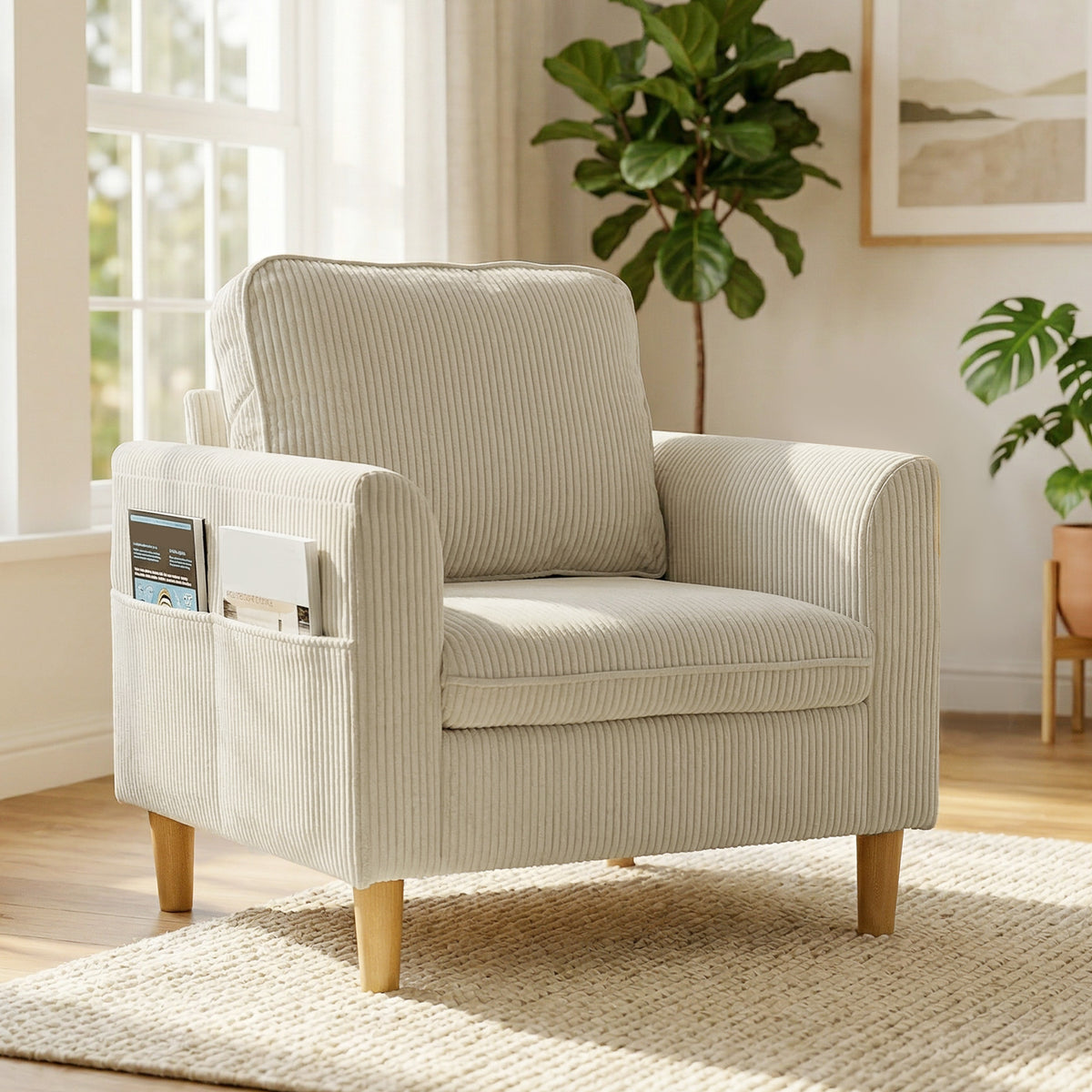 Fauteuil de salon en velours côtelé, canapé 1 place rembourré avec assise large et coussin à ressorts, 83x74x87cm, beige-9