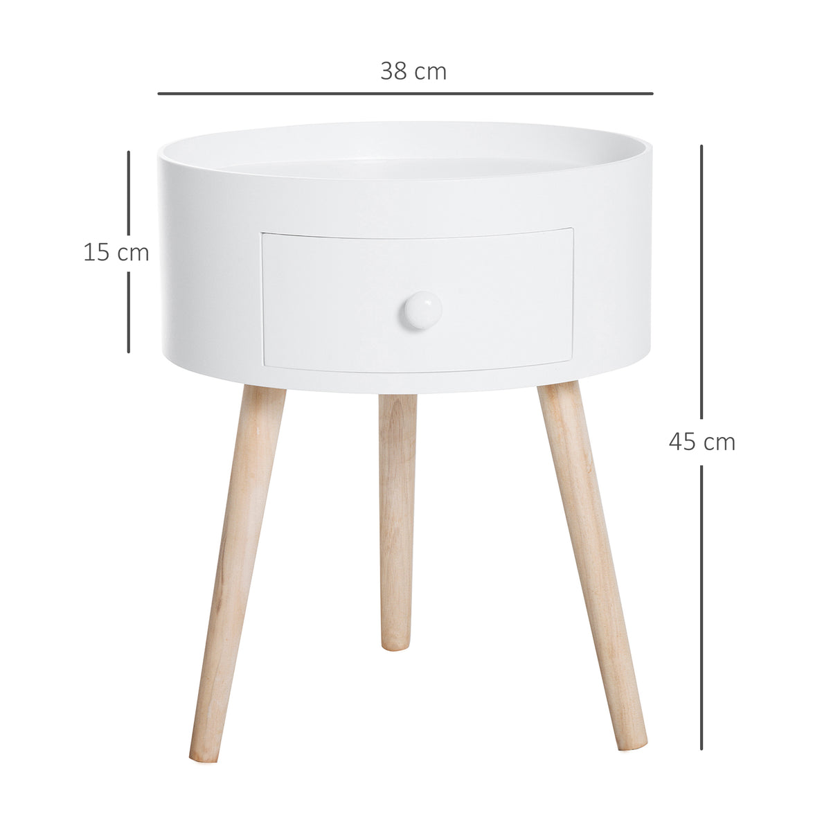 Table basse - table de chevet - table de nuit ronde - design scandinave table d'appoint bout de canapé avec tiroir pieds effilés inclinés bois massif chêne clair blanc-2