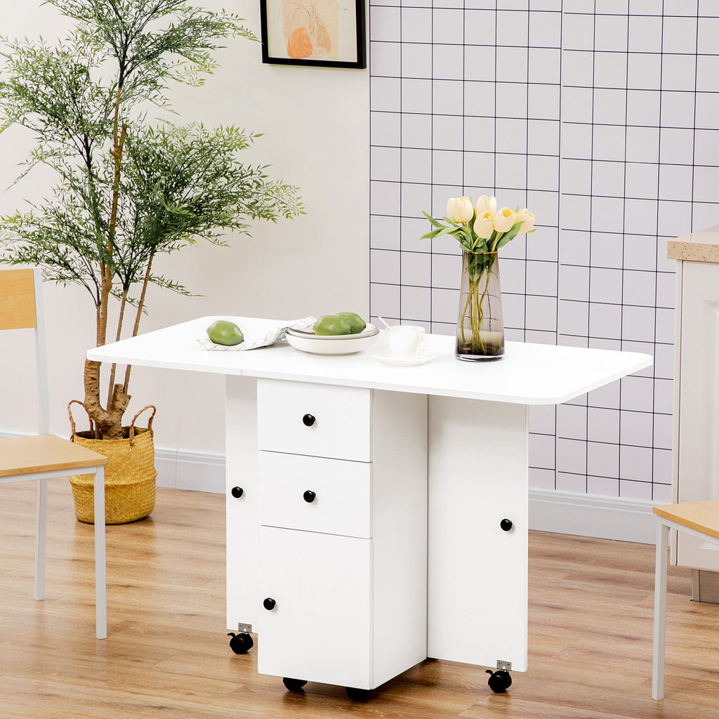 Table de cuisine pliable table à manger pliante 2 plateaux rabattables avec 2 tiroirs 1 placard blanc-9