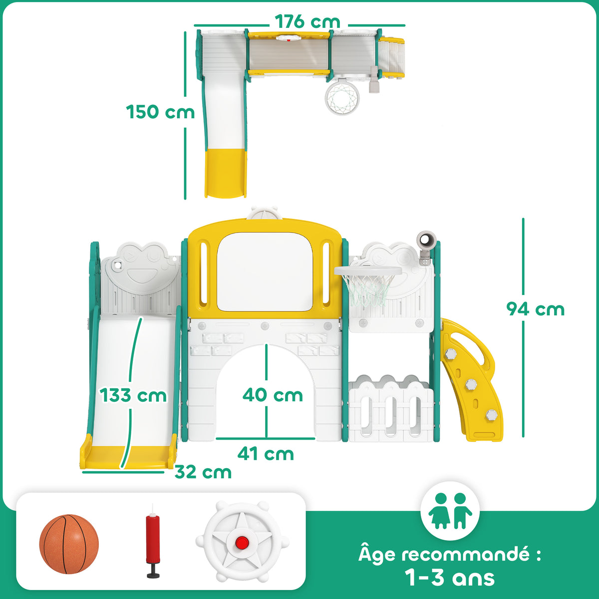 Toboggan pour enfant 7 en 1 avec panier de basket, télescope, rangement, tunnel, escalade, tableau de dessin, jaune-2
