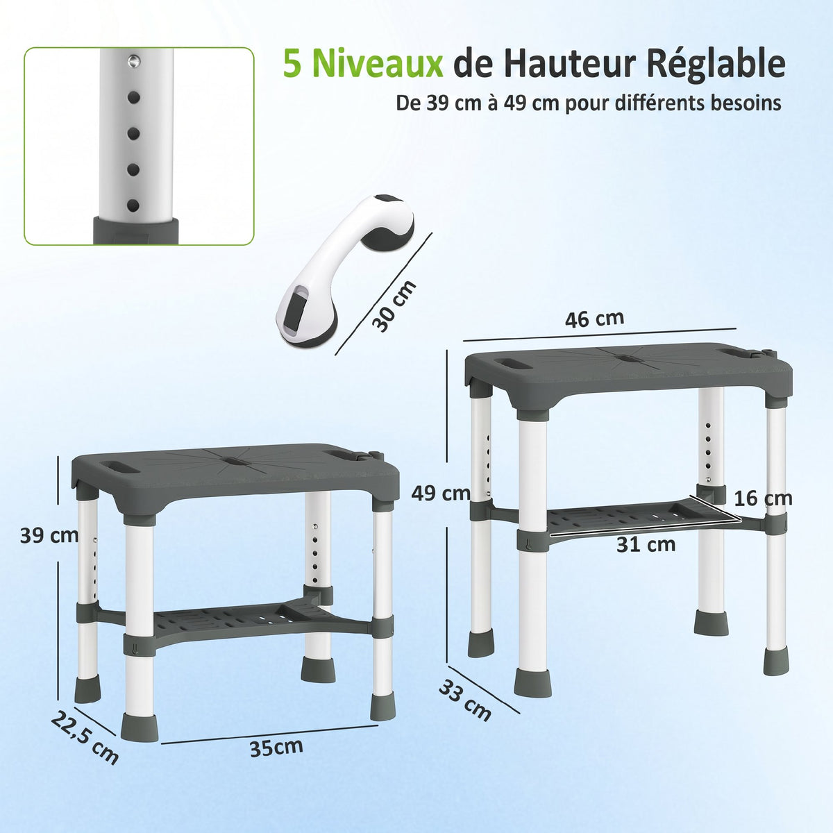 Tabouret de Douche Hauteur Ajustable avec Étagère Intégrée et Barre d'Appui à Ventouse pour Seniors et Handicapés, Gris-2
