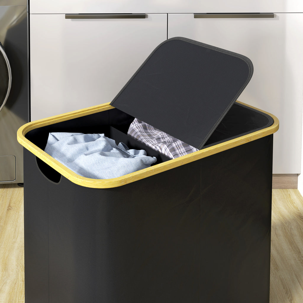 Panier à linge double pliable 80 L corbeille à linge sale avec couvercle, poignées rainurées, noir-8