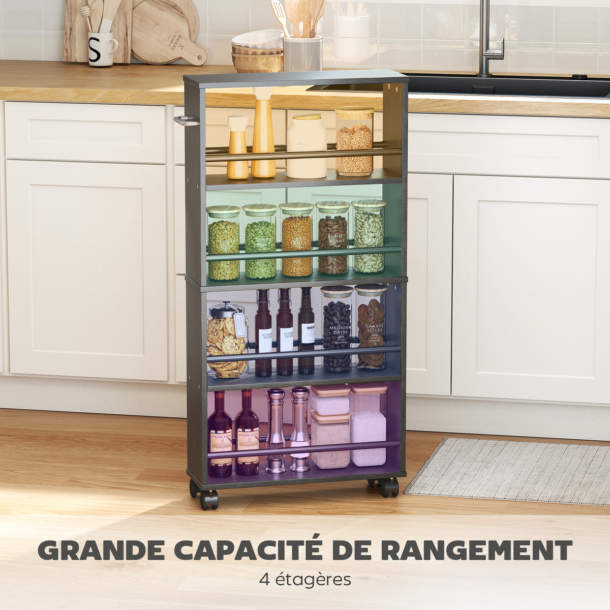Chariot de rangement à 4 niveaux, desserte à roulettes avec poignées, desserte étroite, 45 x 15 x 91 cm, noir-3
