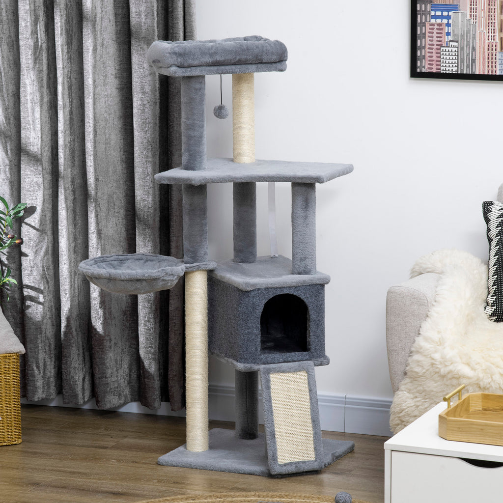 Arbre à chat centre d'activités multi-équipé griffoirs grattoir jeu boule suspendue niche plateformes gris-9