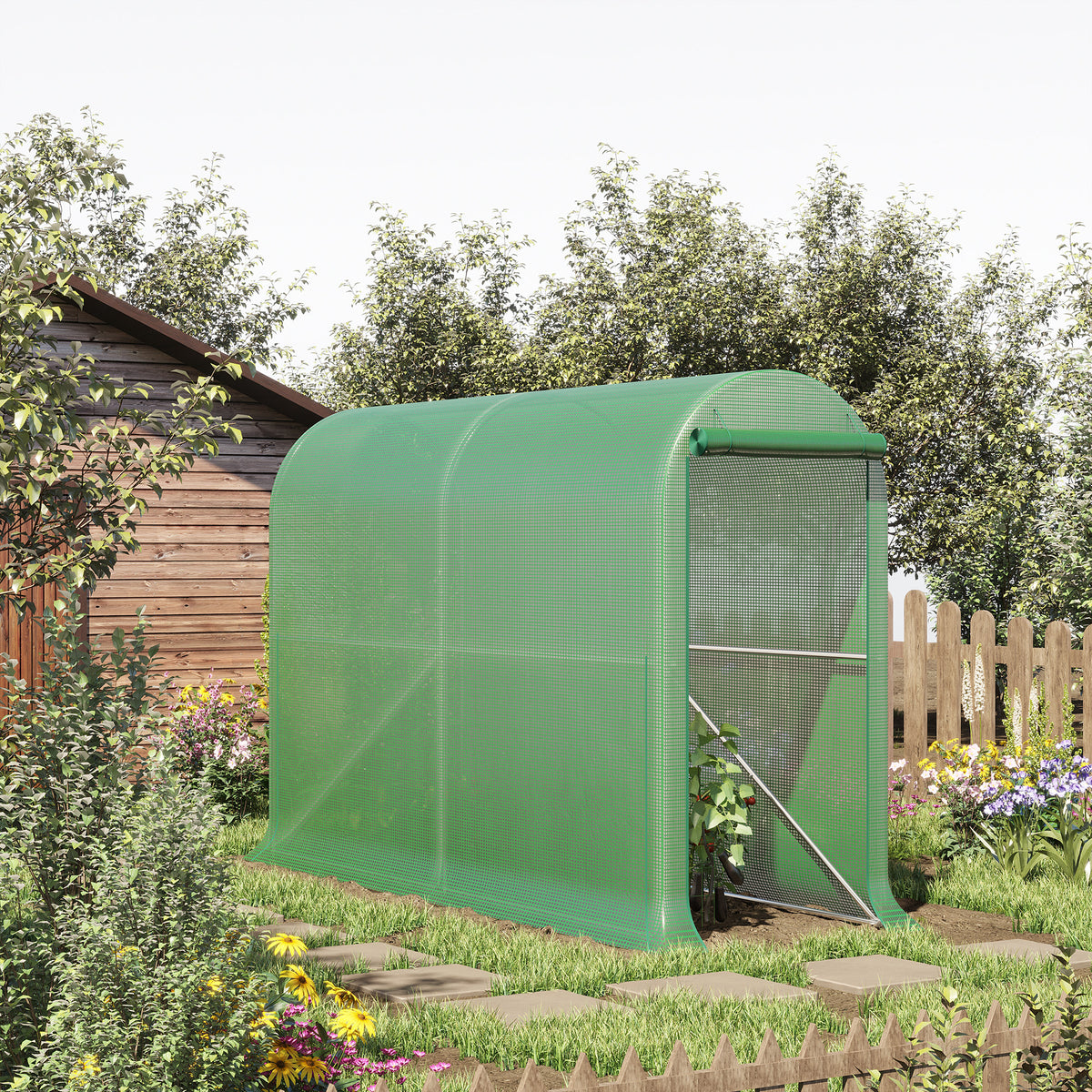 Serre de jardin PE, serre de balcon, bâche renforcée 140 g/m², châssis en acier, porte zippée enroulable, pour légumes plantes fleurs, intérieur et extérieur, 300 x 100 x 200 cm, vert-1