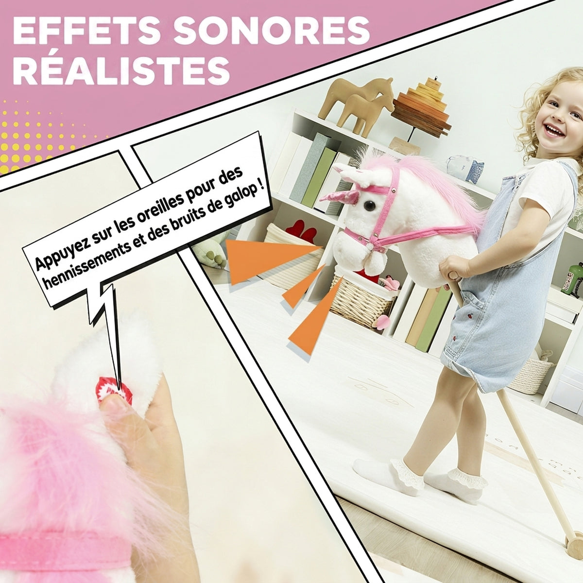 Cheval Bâton pour Enfants de 1+ Ans - Hobby Horse 95 cm, Roues, Sons Réalistes, Tête Légère en Mousse, Blanc-3
