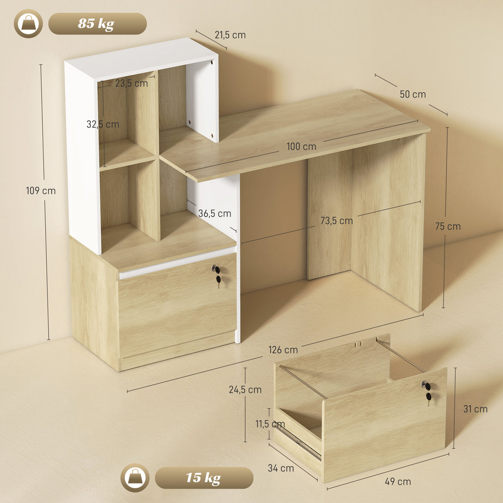 Bureau d'ordinateur avec bibliothèque 4 compartiments et tiroir verrouillable, 126 x 50 x 109 cm, chêne et blanc-2