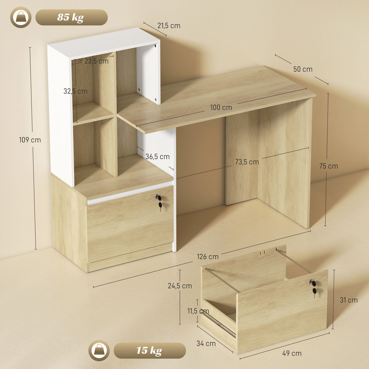 Bureau d'ordinateur avec bibliothèque 4 compartiments et tiroir verrouillable, 126 x 50 x 109 cm, chêne et blanc-2