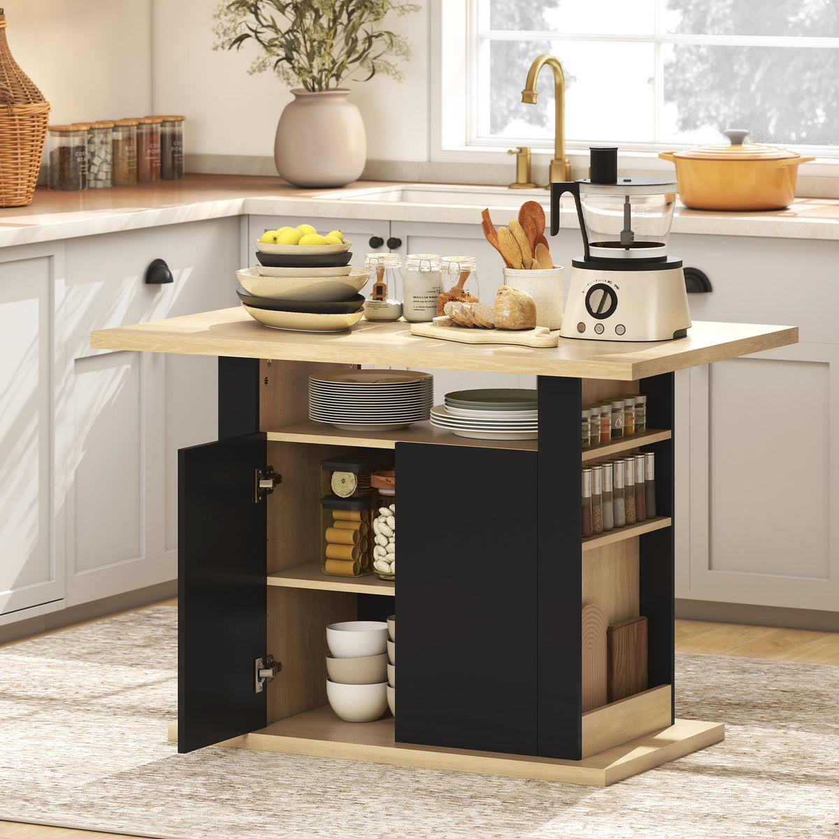 Table à manger ilot central cuisine avec grand plan de travail 4 personnes placard 4 portes 110 x 70 x 75,5 cm noir-1
