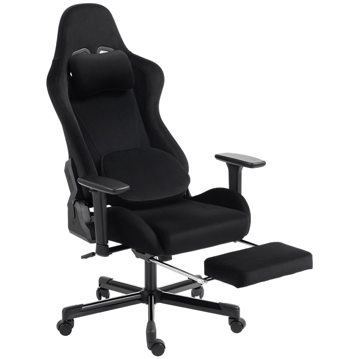 Chaise Gaming Ergonomique Massante et Coussin Lombaire Chauffant, Fauteuil Gaming Inclinable en Lin, Accoudoirs 3D, Noir-0