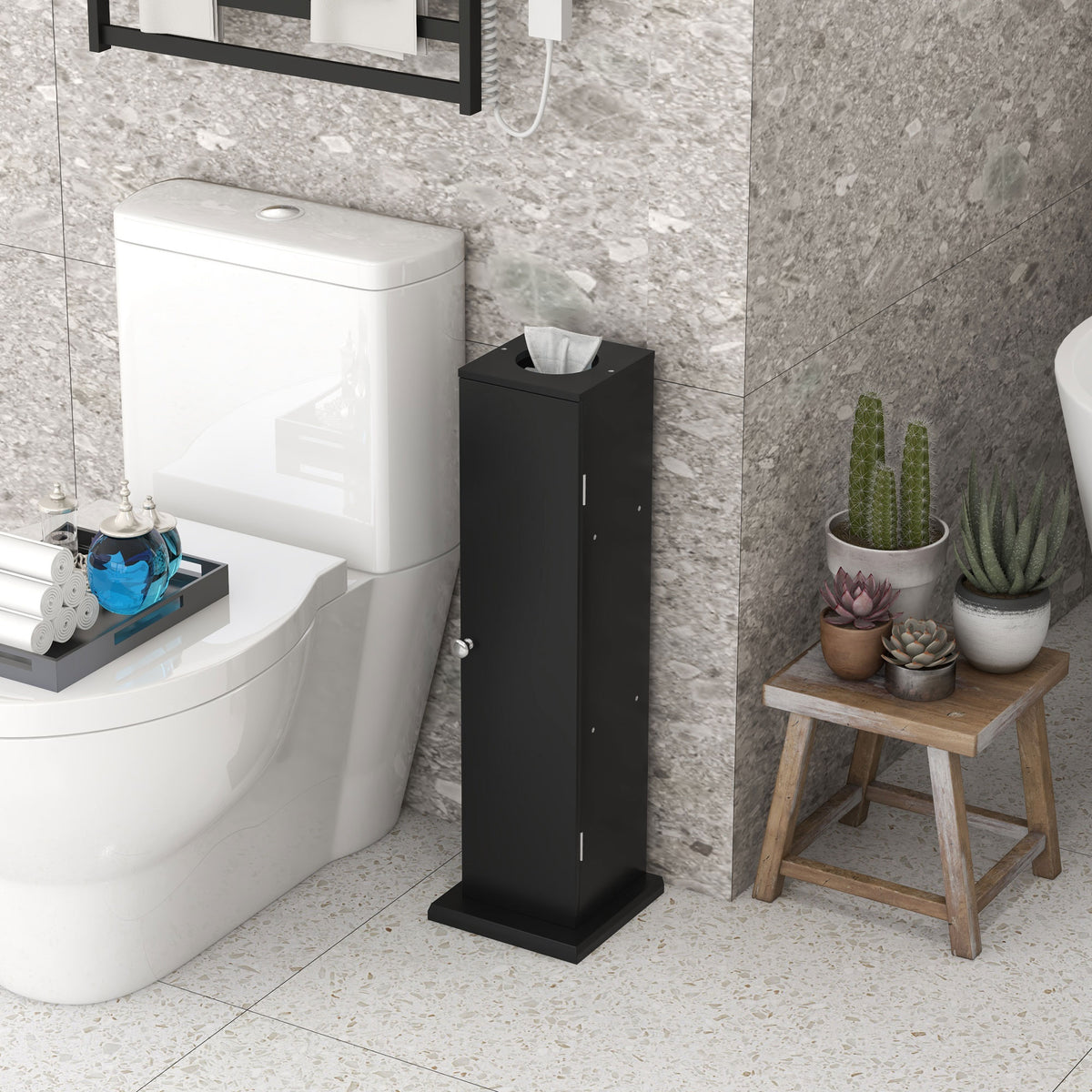 Support papier toilette meuble salle de bain 3 niveaux et sortie papier, pour petits espaces, noir-9
