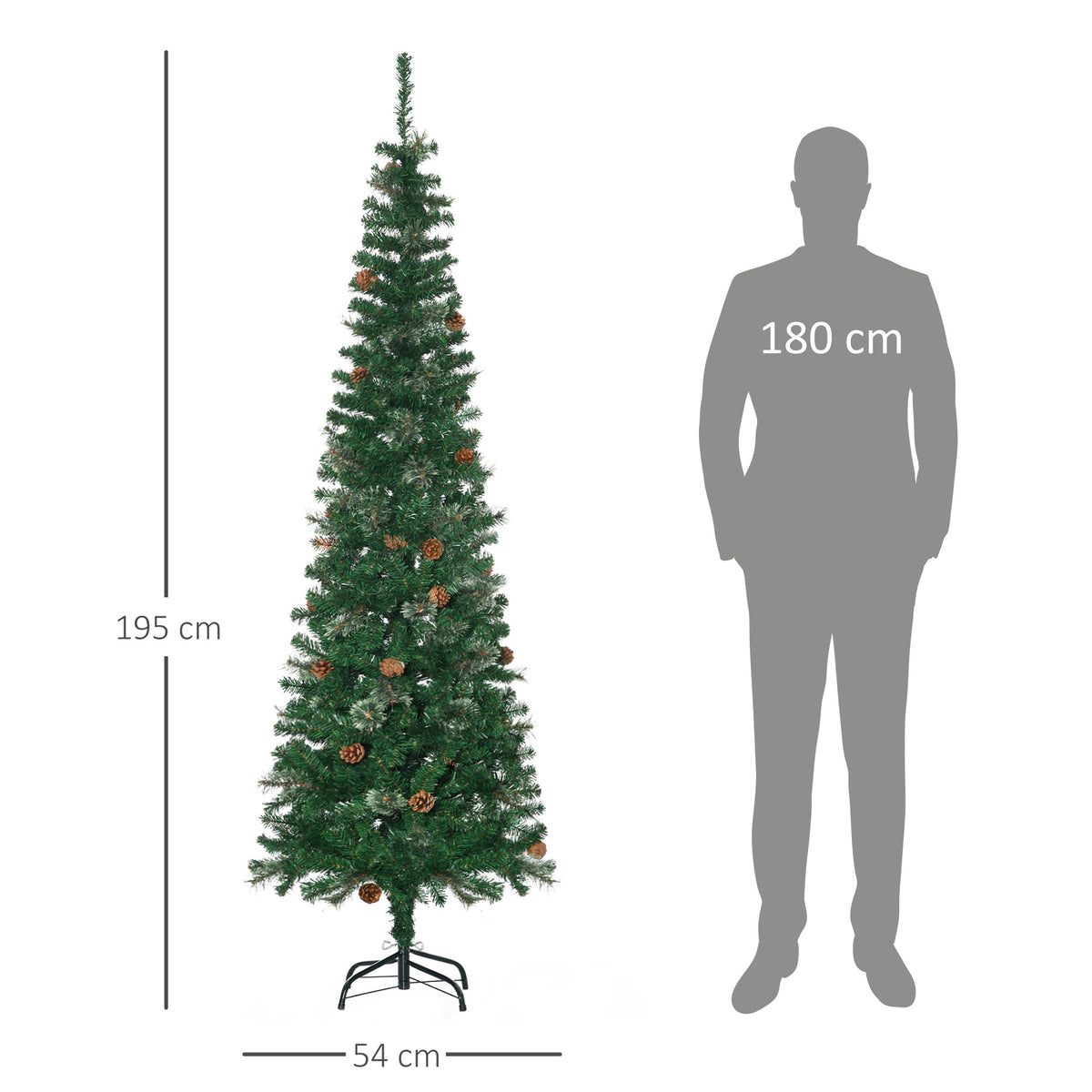 Sapin arbre de Noël artificiel 195 cm 556 branches avec 27 pommes de pin+ support pied pliable vert-2