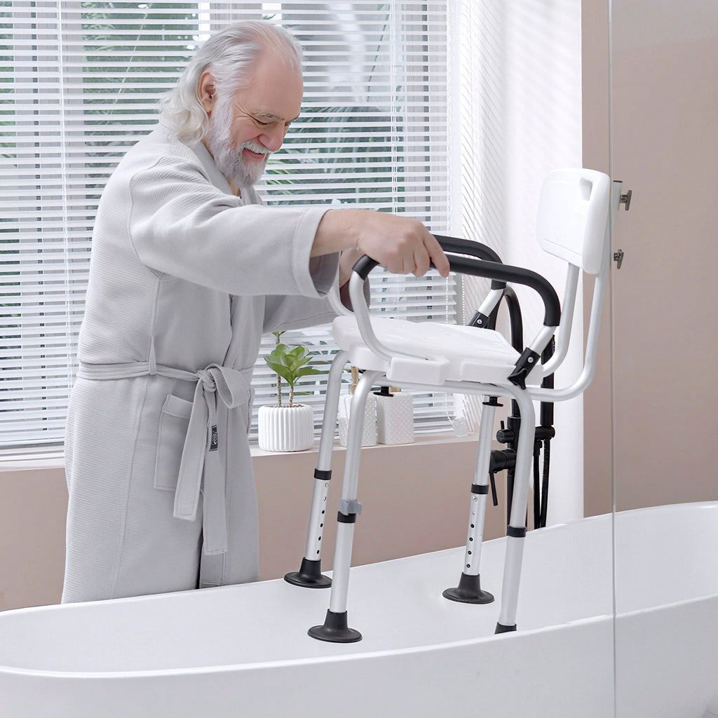 Chaise de douche, tabouret de douche réglable en hauteur avec dossier et accoudoirs rabattables, assise U, pieds antidérapants à ventouses, pour personnes âgées et handicapées, alu HDPE, blanc-8