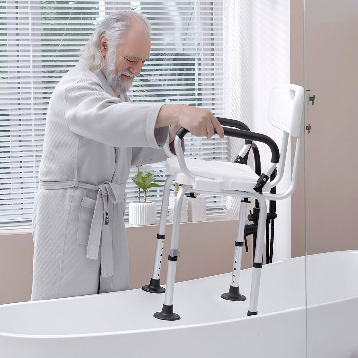 Chaise de douche, tabouret de douche réglable en hauteur avec dossier et accoudoirs rabattables, assise U, pieds antidérapants à ventouses, pour personnes âgées et handicapées, alu HDPE, blanc-8