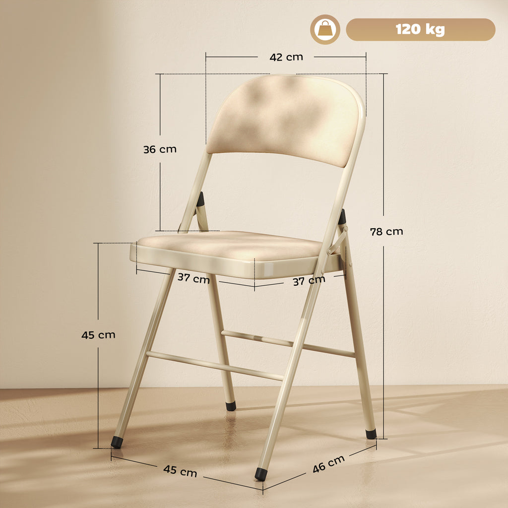 Lot de 4 chaises pliantes et portables intérieur avec assises et dossiers rembourrés en velours, cadre en acier, beige-2