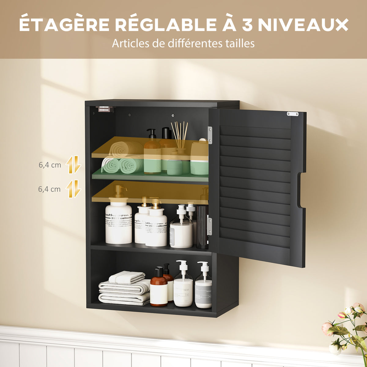 Armoire murale de salle de bain avec porte à lattes, étagère réglable et compartiment ouvert, 40x20x60cm, noir-4