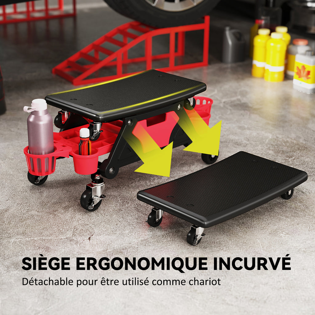 Tabouret d'atelier mobile 135 kg, tabouret de mécanicien avec roulettes rotatif à 360° avec plateaux, 86x33x33cm, rouge-4