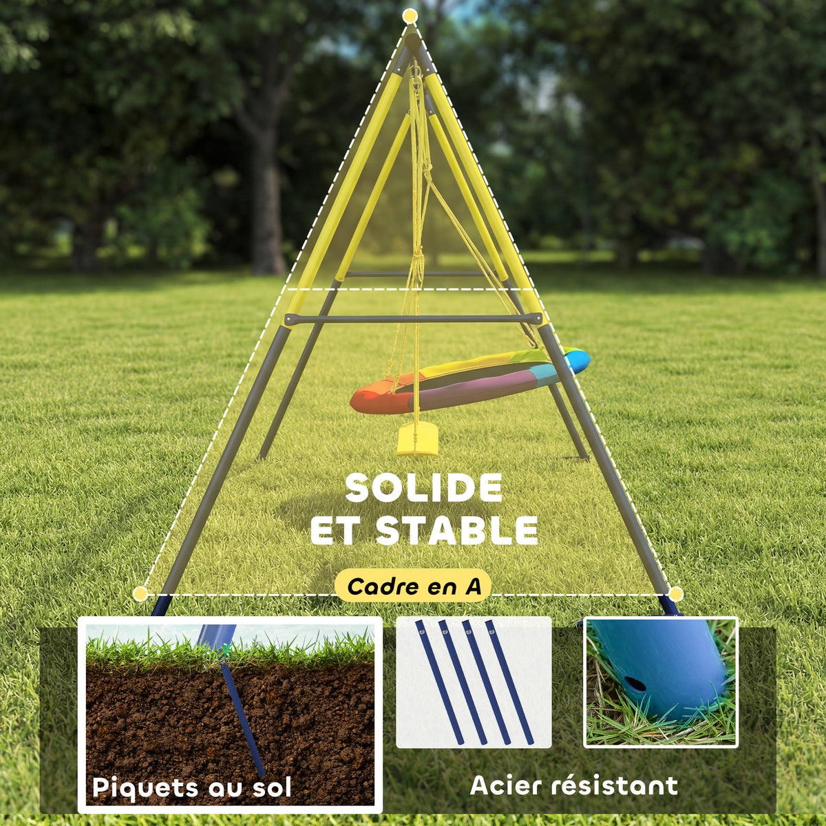 Balançoire portique pour enfant avec double  balancelles, cordes réglables, cadre en acier, pour 3-8 ans, multicolore-4
